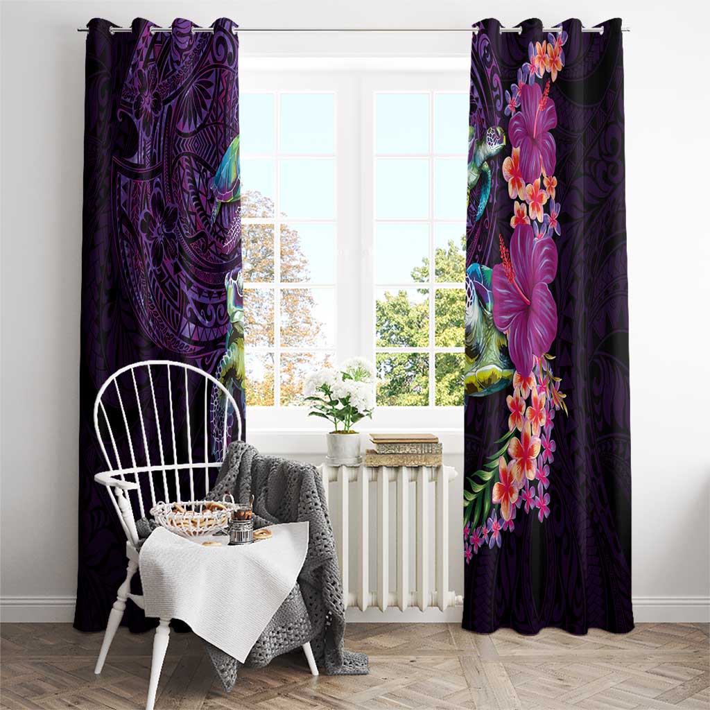 Hawaiian Plumeria and Hibiscus with Turtles Window Curtain Polynesian Art Purple Color - Polynesian Pride
