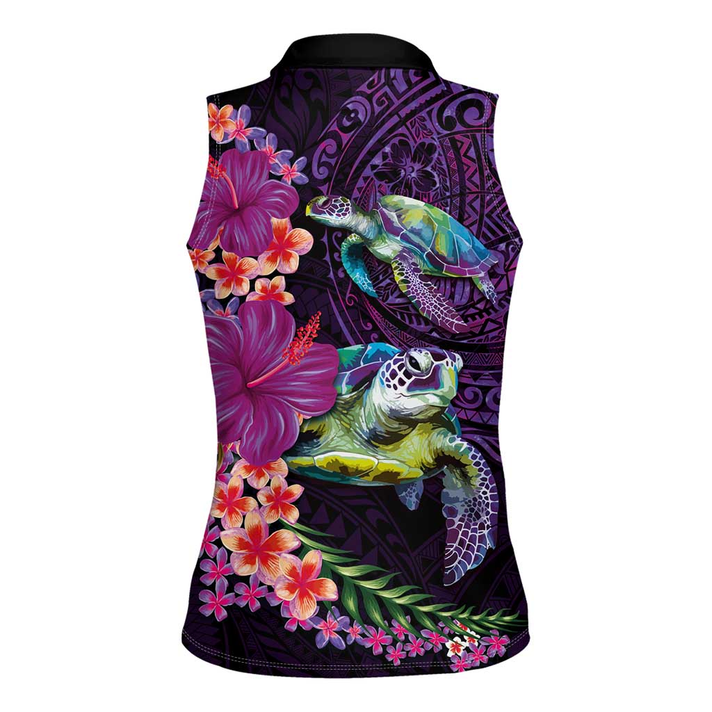 Hawaiian Plumeria and Hibiscus with Turtles Women Sleeveless Polo Shirt Polynesian Art Purple Color - Polynesian Pride