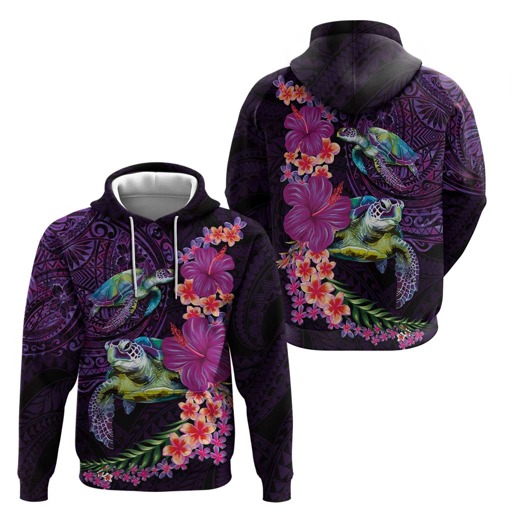 Hawaiian Plumeria and Hibiscus with Turtles Zip Hoodie Polynesian Art Purple Color - Polynesian Pride