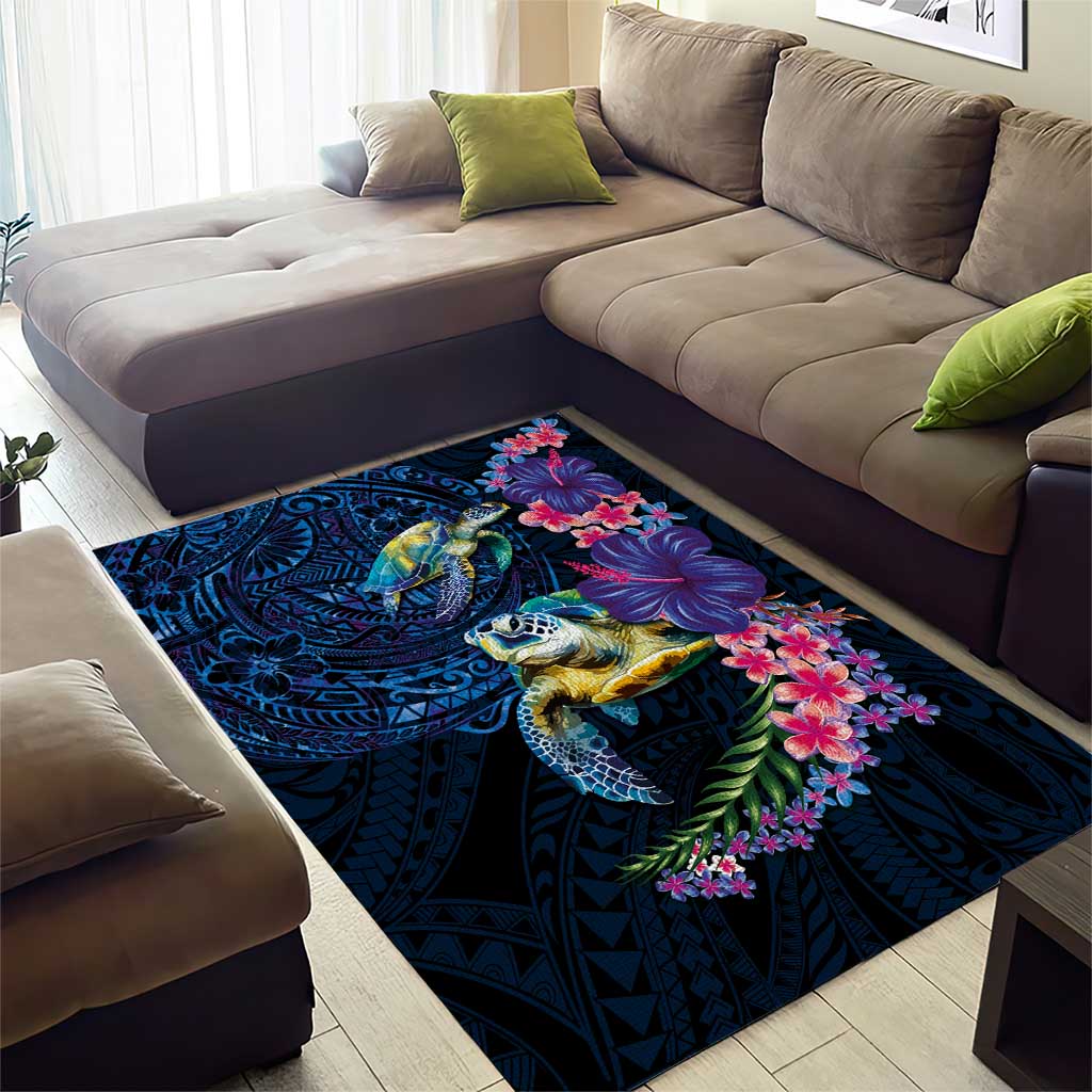 Hawaiian Plumeria and Hibiscus with Turtles Area Rug Polynesian Art Dark Cyan Color - Polynesian Pride