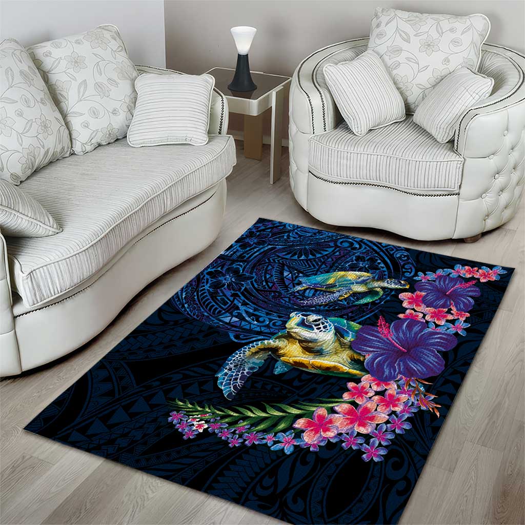 Hawaiian Plumeria and Hibiscus with Turtles Area Rug Polynesian Art Dark Cyan Color - Polynesian Pride