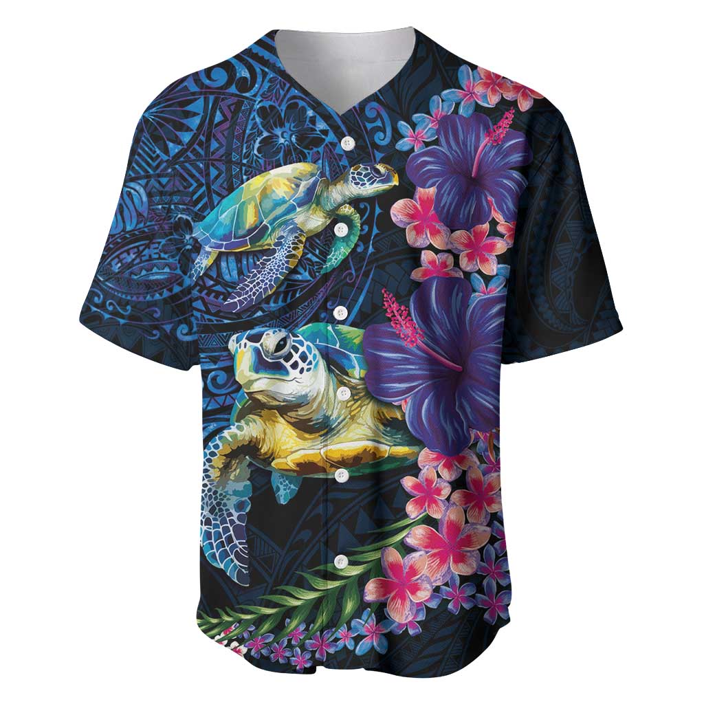 Hawaiian Plumeria and Hibiscus with Turtles Baseball Jersey Polynesian Art Dark Cyan Color - Polynesian Pride