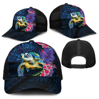 Hawaiian Plumeria and Hibiscus with Turtles Baseball Net Cap Polynesian Art Dark Cyan Color - Polynesian Pride