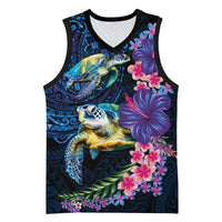 Hawaiian Plumeria and Hibiscus with Turtles Basketball Jersey Polynesian Art Dark Cyan Color - Polynesian Pride