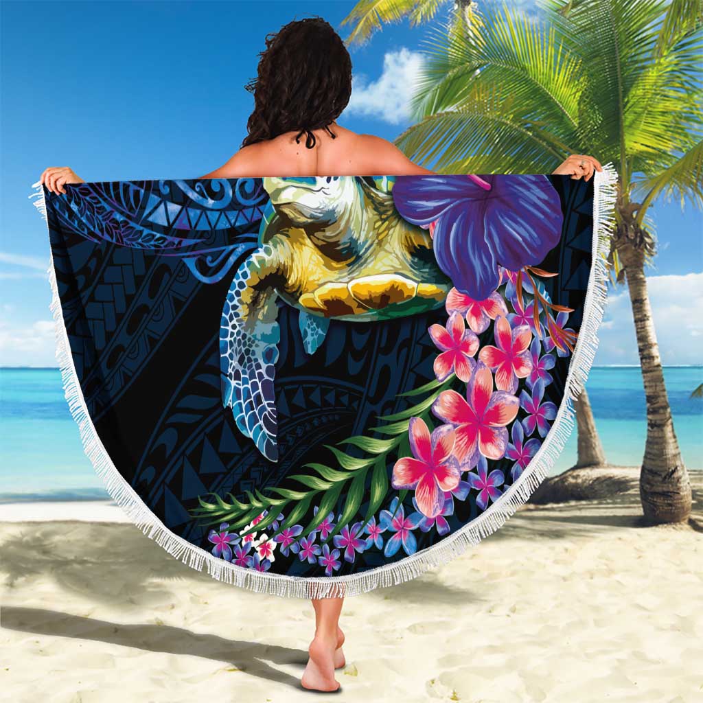 Hawaiian Plumeria and Hibiscus with Turtles Beach Blanket Polynesian Art Dark Cyan Color - Polynesian Pride
