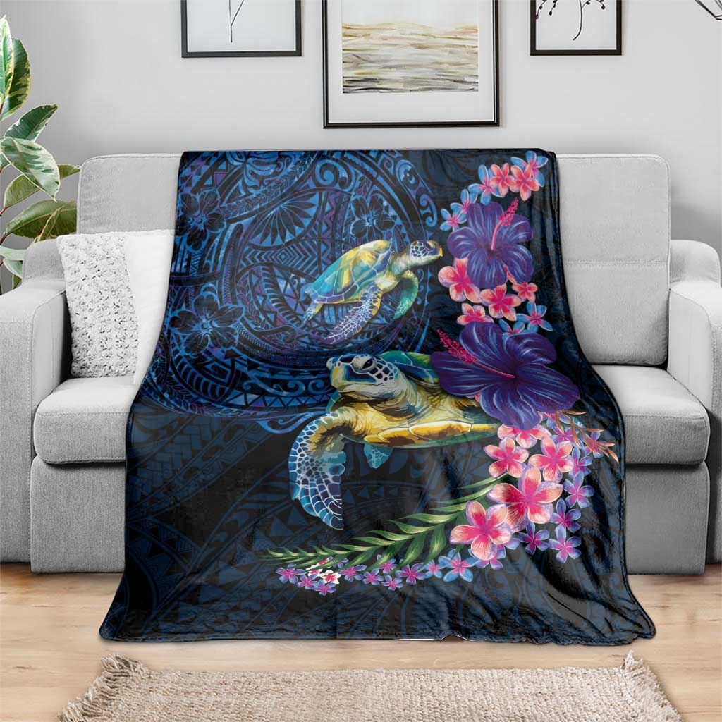Hawaiian Plumeria and Hibiscus with Turtles Blanket Polynesian Art Dark Cyan Color - Polynesian Pride
