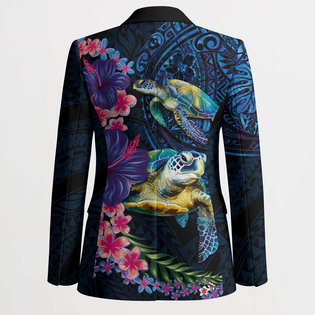 Hawaiian Plumeria and Hibiscus with Turtles Blazer Polynesian Art Dark Cyan Color - Polynesian Pride