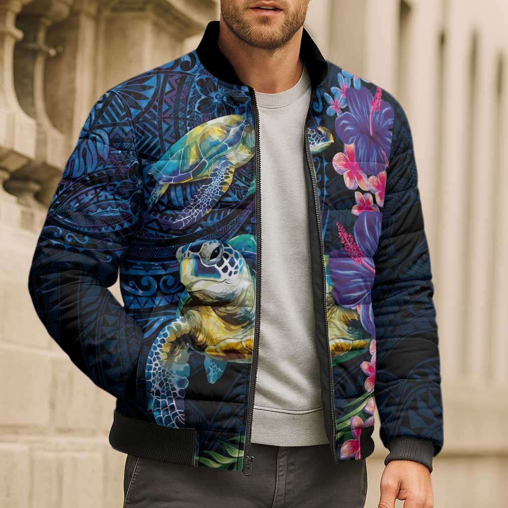 Hawaiian Plumeria and Hibiscus with Turtles Bomber Puffer Jacket Polynesian Art Dark Cyan Color - Polynesian Pride