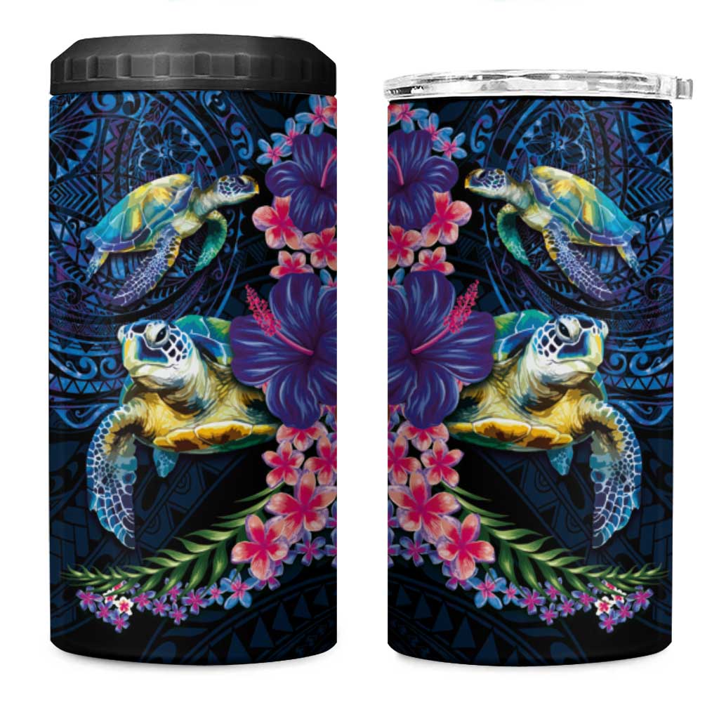 Hawaiian Plumeria and Hibiscus with Turtles 4 in 1 Can Cooler Tumbler Polynesian Art Dark Cyan Color - Polynesian Pride