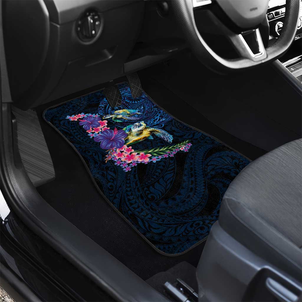 Hawaiian Plumeria and Hibiscus with Turtles Car Mats Polynesian Art Dark Cyan Color - Polynesian Pride