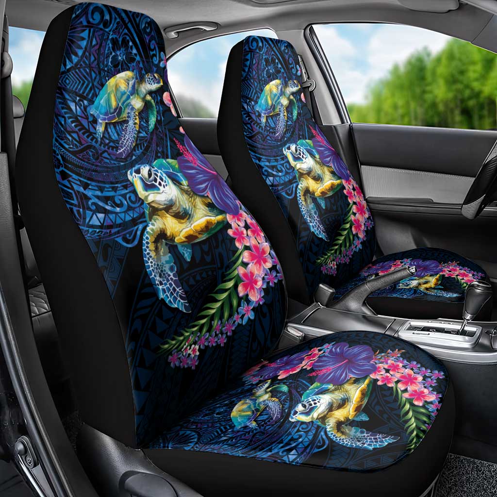 Hawaiian Plumeria and Hibiscus with Turtles Car Seat Cover Polynesian Art Dark Cyan Color - Polynesian Pride
