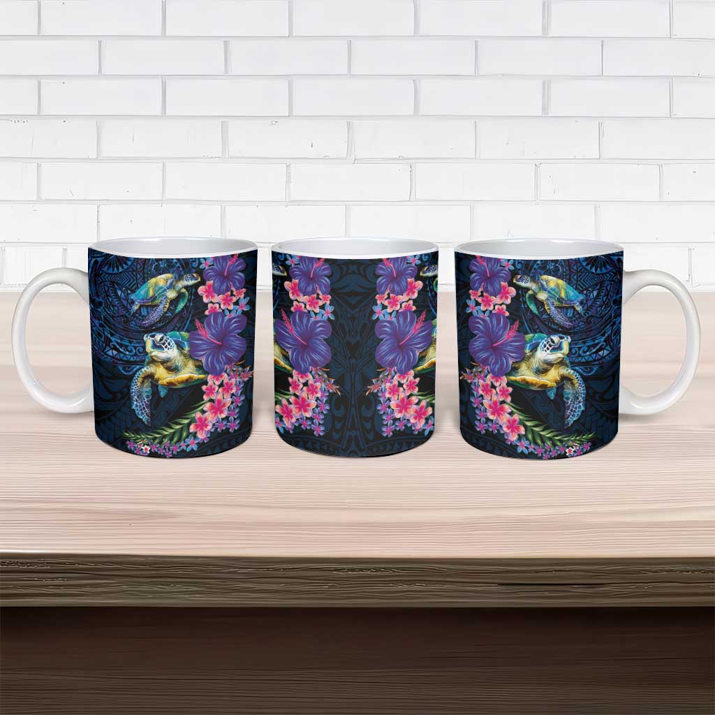 Hawaiian Plumeria and Hibiscus with Turtles Ceramic Mug Polynesian Art Dark Cyan Color - Polynesian Pride