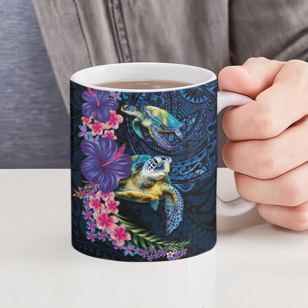 Hawaiian Plumeria and Hibiscus with Turtles Ceramic Mug Polynesian Art Dark Cyan Color - Polynesian Pride