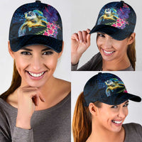 Hawaiian Plumeria and Hibiscus with Turtles Classic Cap Polynesian Art Dark Cyan Color - Polynesian Pride