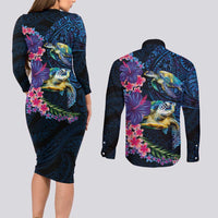 Hawaiian Plumeria and Hibiscus with Turtles Couples Matching Long Sleeve Bodycon Dress and Long Sleeve Button Shirt Polynesian Art Dark Cyan Color - Polynesian Pride