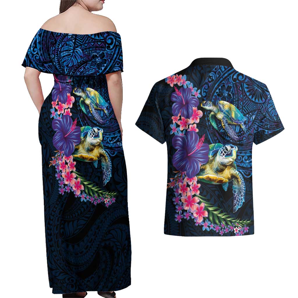 Hawaiian Plumeria and Hibiscus with Turtles Couples Matching Off Shoulder Maxi Dress and Hawaiian Shirt Polynesian Art Dark Cyan Color - Polynesian Pride