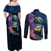 Hawaiian Plumeria and Hibiscus with Turtles Couples Matching Off Shoulder Maxi Dress and Long Sleeve Button Shirt Polynesian Art Dark Cyan Color - Polynesian Pride