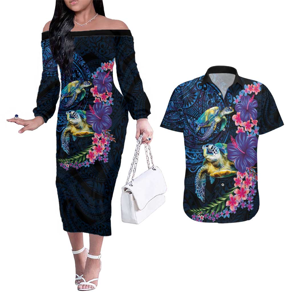 Hawaiian Plumeria and Hibiscus with Turtles Couples Matching Off The Shoulder Long Sleeve Dress and Hawaiian Shirt Polynesian Art Dark Cyan Color - Polynesian Pride