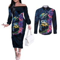 Hawaiian Plumeria and Hibiscus with Turtles Couples Matching Off The Shoulder Long Sleeve Dress and Long Sleeve Button Shirt Polynesian Art Dark Cyan Color - Polynesian Pride
