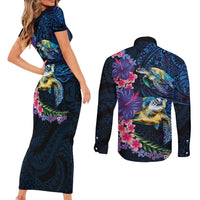 Hawaiian Plumeria and Hibiscus with Turtles Couples Matching Short Sleeve Bodycon Dress and Long Sleeve Button Shirt Polynesian Art Dark Cyan Color - Polynesian Pride