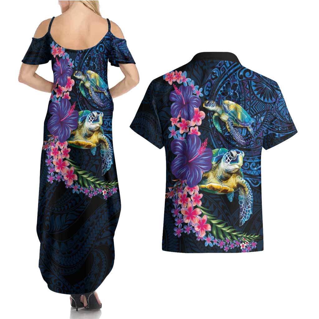 Hawaiian Plumeria and Hibiscus with Turtles Couples Matching Summer Maxi Dress and Hawaiian Shirt Polynesian Art Dark Cyan Color - Polynesian Pride