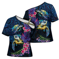 Hawaiian Plumeria and Hibiscus with Turtles Cross Shoulder Shirt Polynesian Art Dark Cyan Color - Polynesian Pride