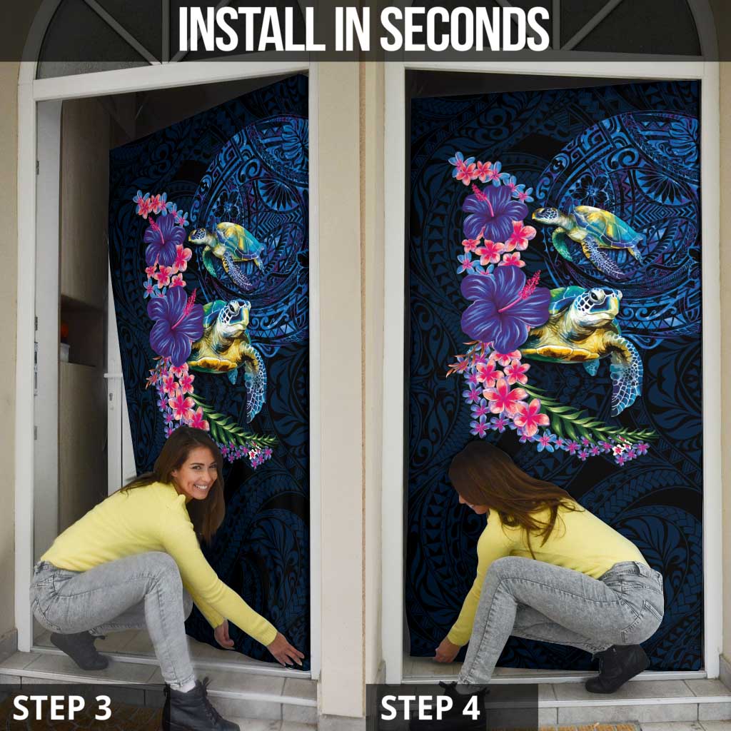 Hawaiian Plumeria and Hibiscus with Turtles Door Cover Polynesian Art Dark Cyan Color - Polynesian Pride