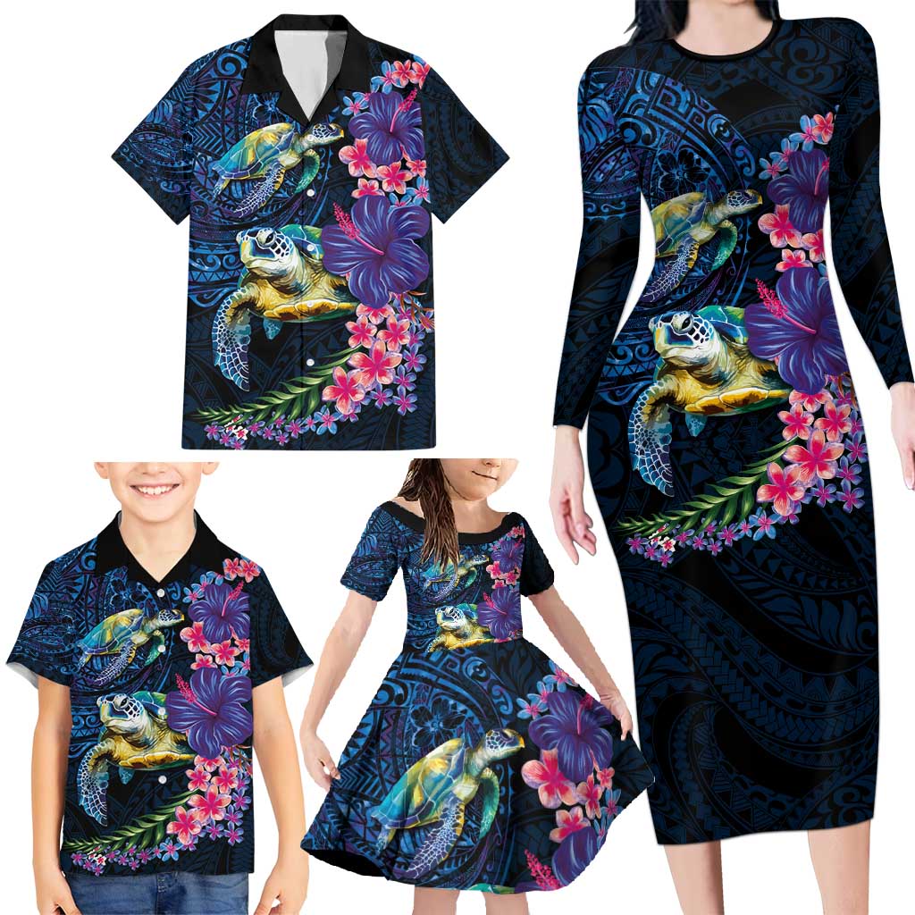 Hawaiian Plumeria and Hibiscus with Turtles Family Matching Long Sleeve Bodycon Dress and Hawaiian Shirt Polynesian Art Dark Cyan Color - Polynesian Pride