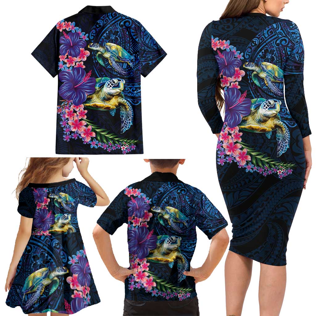 Hawaiian Plumeria and Hibiscus with Turtles Family Matching Long Sleeve Bodycon Dress and Hawaiian Shirt Polynesian Art Dark Cyan Color - Polynesian Pride