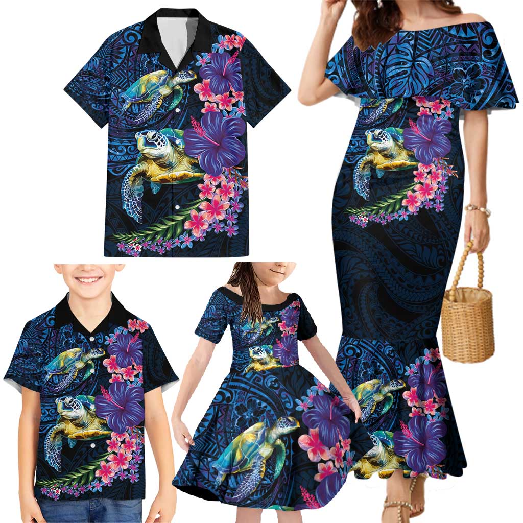 Hawaiian Plumeria and Hibiscus with Turtles Family Matching Mermaid Dress and Hawaiian Shirt Polynesian Art Dark Cyan Color - Polynesian Pride