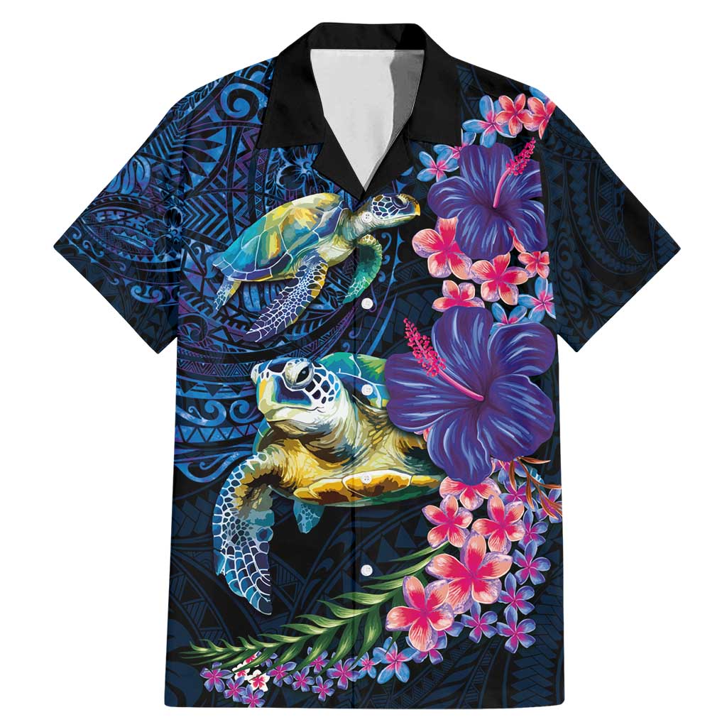 Hawaiian Plumeria and Hibiscus with Turtles Family Matching Mermaid Dress and Hawaiian Shirt Polynesian Art Dark Cyan Color - Polynesian Pride