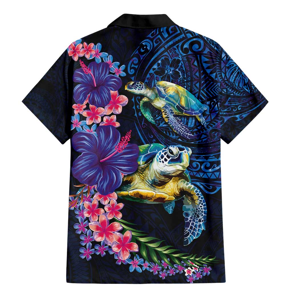 Hawaiian Plumeria and Hibiscus with Turtles Family Matching Mermaid Dress and Hawaiian Shirt Polynesian Art Dark Cyan Color - Polynesian Pride