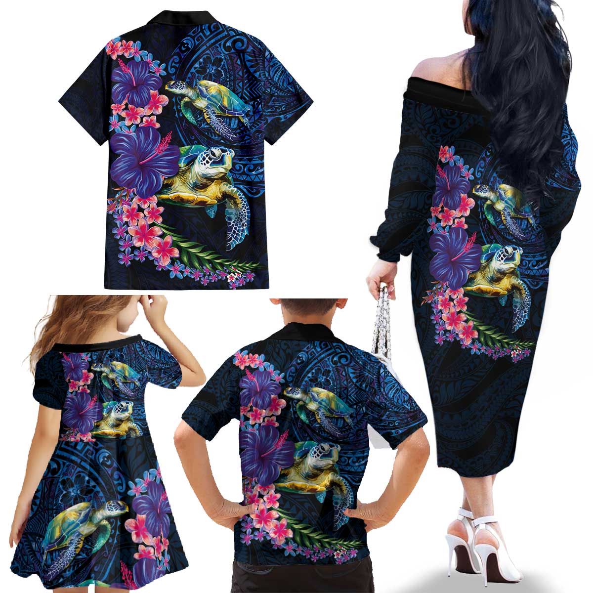 Hawaiian Plumeria and Hibiscus with Turtles Family Matching Off The Shoulder Long Sleeve Dress and Hawaiian Shirt Polynesian Art Dark Cyan Color - Polynesian Pride