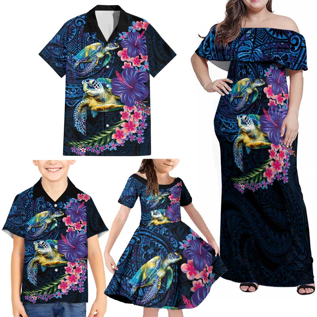 Hawaiian Plumeria and Hibiscus with Turtles Family Matching Off Shoulder Maxi Dress and Hawaiian Shirt Polynesian Art Dark Cyan Color - Polynesian Pride