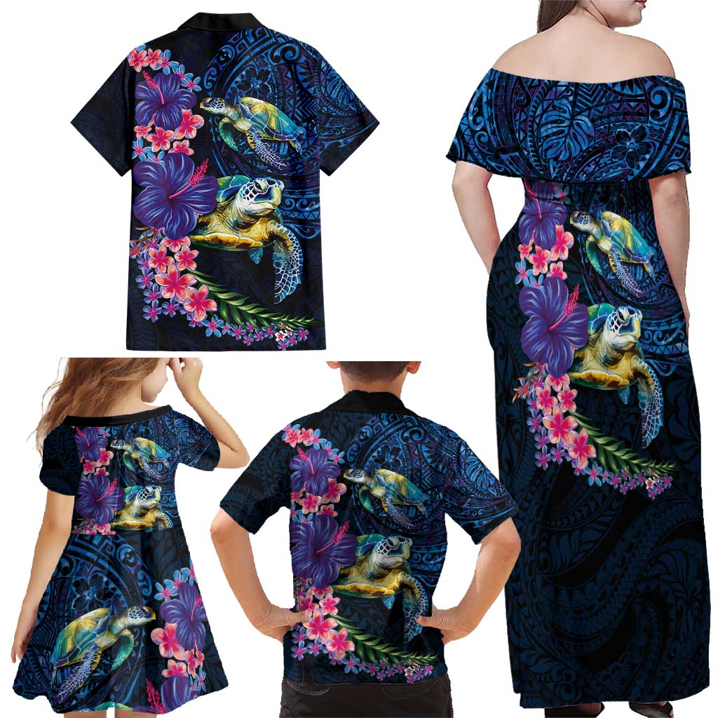 Hawaiian Plumeria and Hibiscus with Turtles Family Matching Off Shoulder Maxi Dress and Hawaiian Shirt Polynesian Art Dark Cyan Color - Polynesian Pride