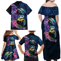 Hawaiian Plumeria and Hibiscus with Turtles Family Matching Off Shoulder Maxi Dress and Hawaiian Shirt Polynesian Art Dark Cyan Color - Polynesian Pride