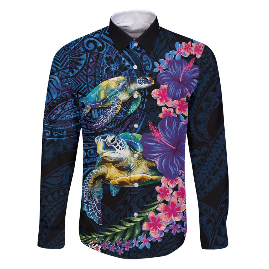 Hawaiian Plumeria and Hibiscus with Turtles Family Matching Off Shoulder Maxi Dress and Hawaiian Shirt Polynesian Art Dark Cyan Color - Polynesian Pride