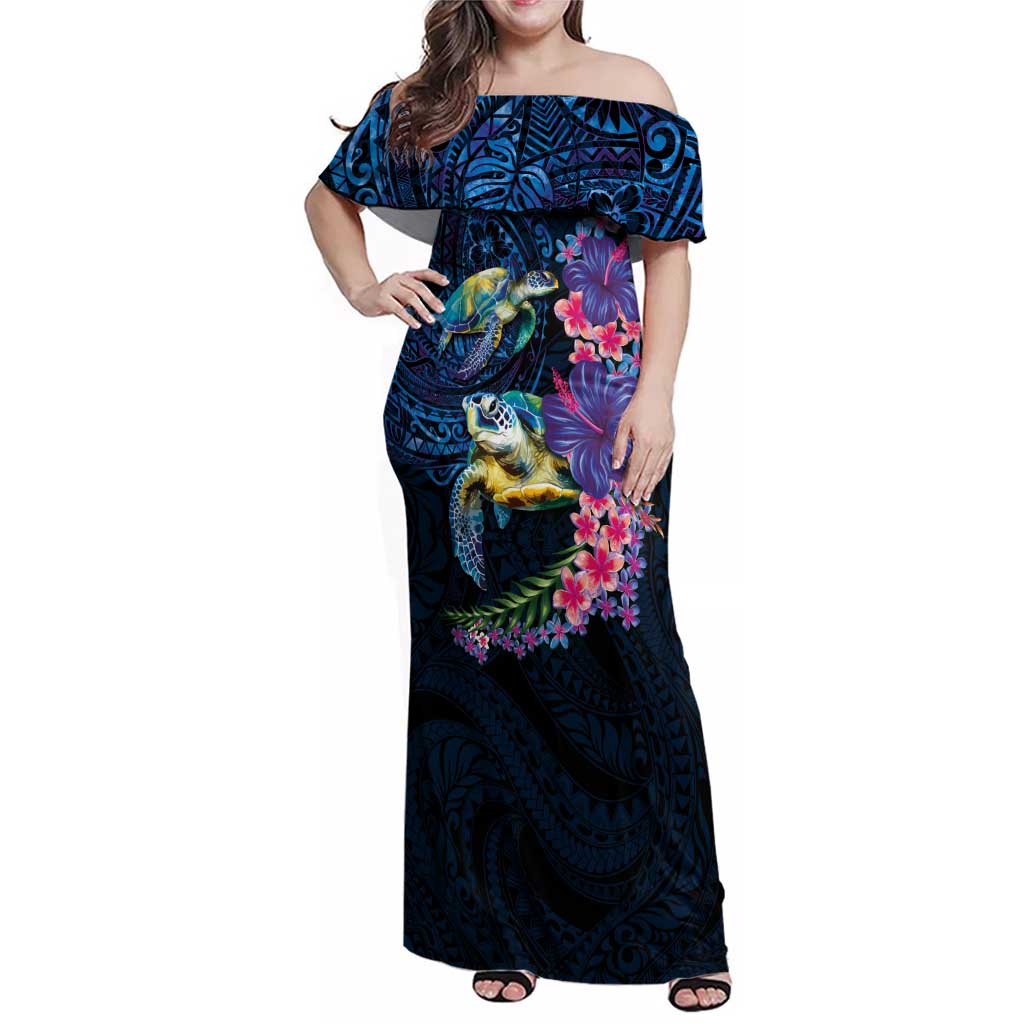 Hawaiian Plumeria and Hibiscus with Turtles Family Matching Off Shoulder Maxi Dress and Hawaiian Shirt Polynesian Art Dark Cyan Color - Polynesian Pride