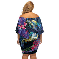 Hawaiian Plumeria and Hibiscus with Turtles Family Matching Off Shoulder Short Dress and Hawaiian Shirt Polynesian Art Dark Cyan Color - Polynesian Pride