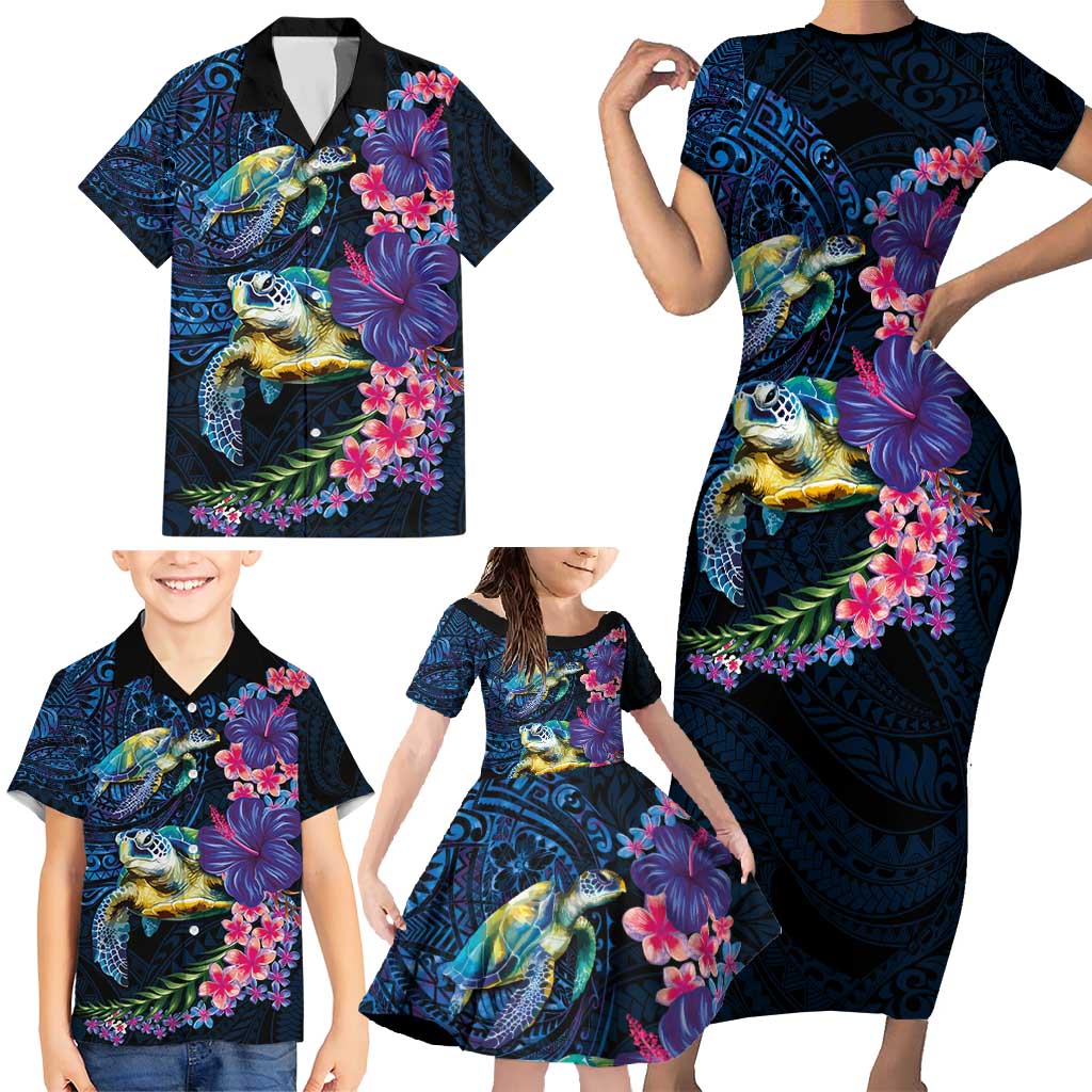 Hawaiian Plumeria and Hibiscus with Turtles Family Matching Short Sleeve Bodycon Dress and Hawaiian Shirt Polynesian Art Dark Cyan Color - Polynesian Pride