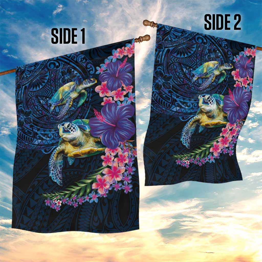 Hawaiian Plumeria and Hibiscus with Turtles Garden Flag Polynesian Art Dark Cyan Color - Polynesian Pride
