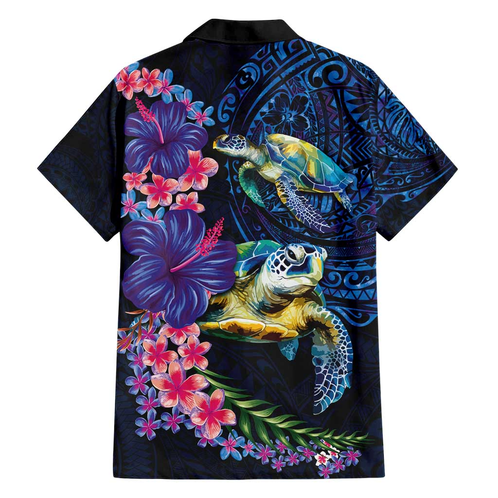 Hawaiian Plumeria and Hibiscus with Turtles Hawaiian Shirt Polynesian Art Dark Cyan Color - Polynesian Pride