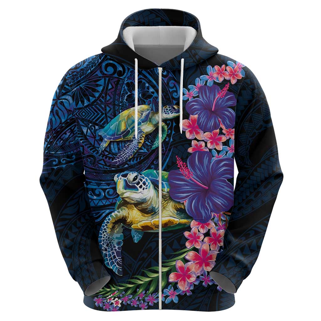 Hawaiian Plumeria and Hibiscus with Turtles Hoodie Polynesian Art Dark Cyan Color - Polynesian Pride