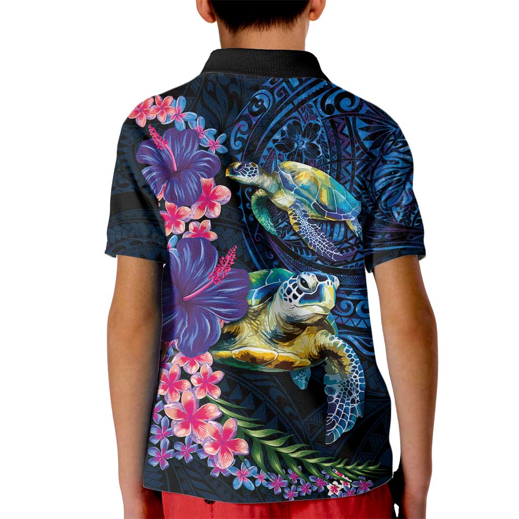 Hawaiian Plumeria and Hibiscus with Turtles Kid Polo Shirt Polynesian Art Dark Cyan Color - Polynesian Pride