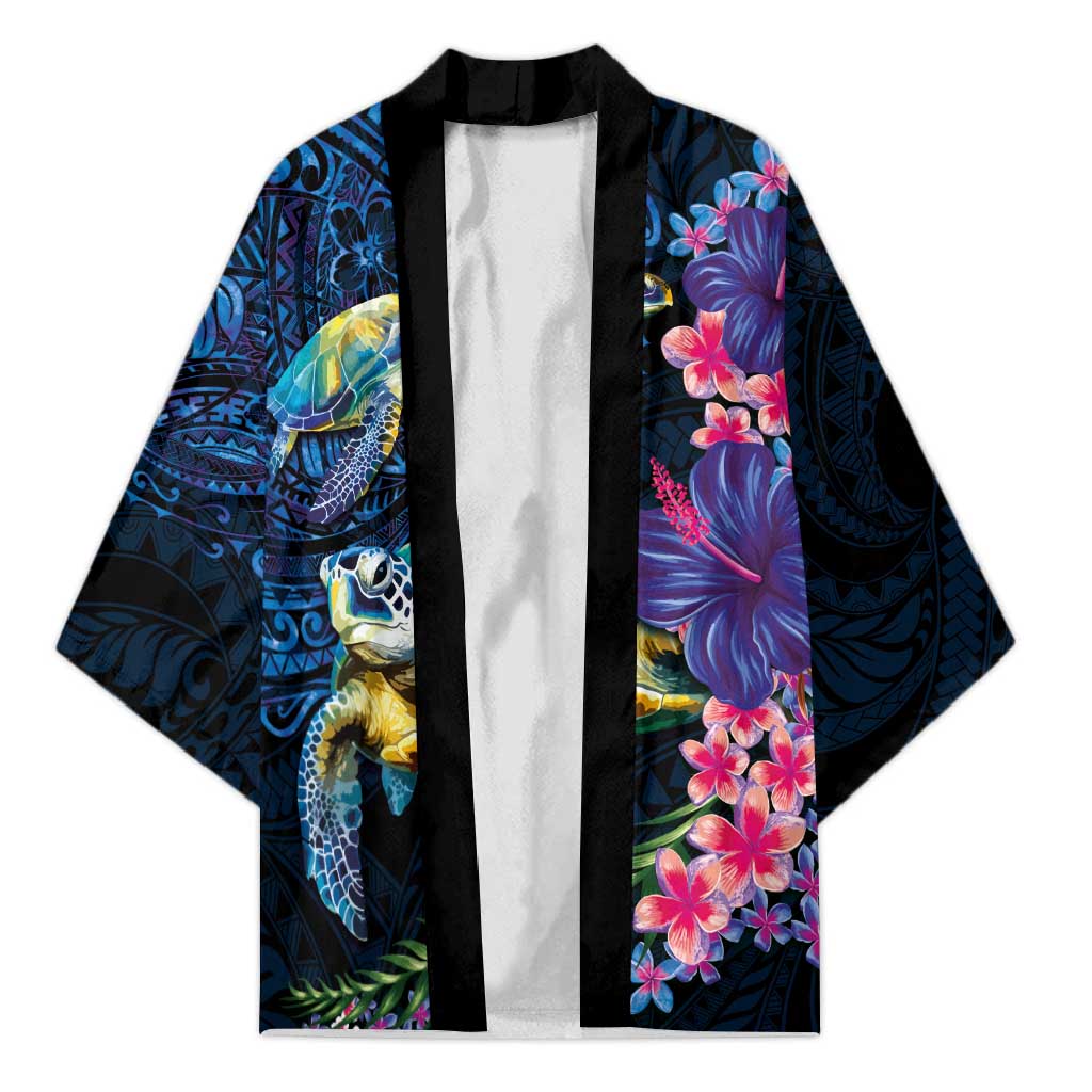 Hawaiian Plumeria and Hibiscus with Turtles Kimono Polynesian Art Dark Cyan Color - Polynesian Pride
