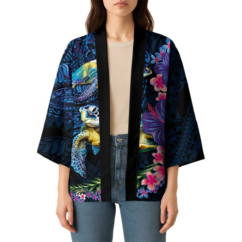 Hawaiian Plumeria and Hibiscus with Turtles Kimono Polynesian Art Dark Cyan Color - Polynesian Pride