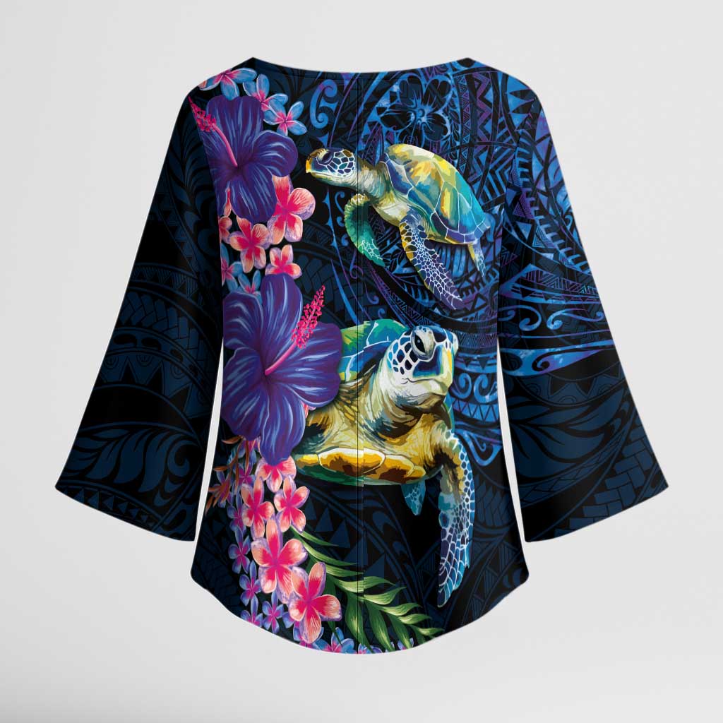 Hawaiian Plumeria and Hibiscus with Turtles Kimono Sleeve Blouse Polynesian Art Dark Cyan Color - Polynesian Pride