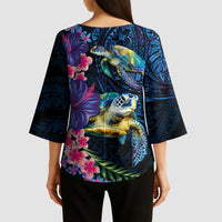 Hawaiian Plumeria and Hibiscus with Turtles Kimono Sleeve Blouse Polynesian Art Dark Cyan Color - Polynesian Pride