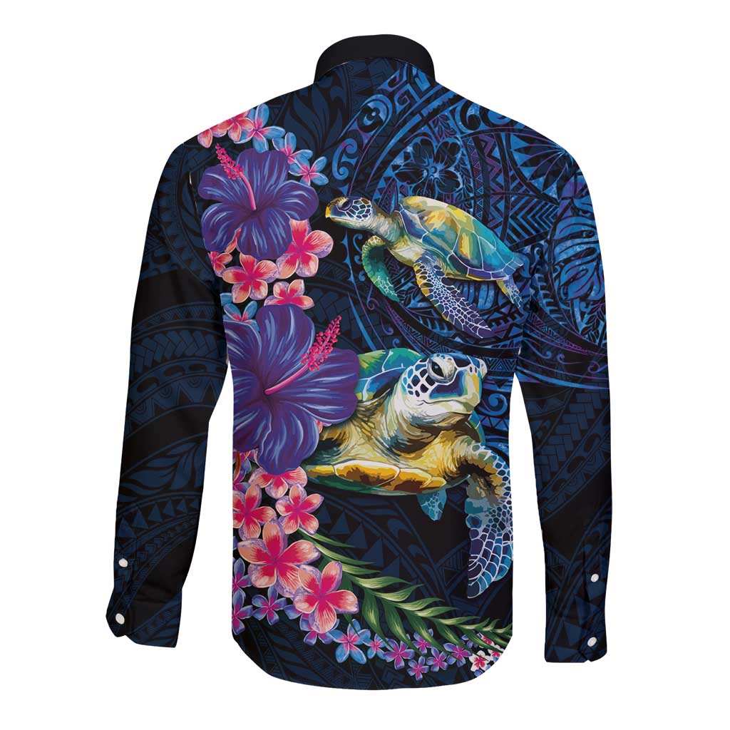 Hawaiian Plumeria and Hibiscus with Turtles Long Sleeve Button Shirt Polynesian Art Dark Cyan Color - Polynesian Pride