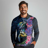 Hawaiian Plumeria and Hibiscus with Turtles Long Sleeve Polo Shirt Polynesian Art Dark Cyan Color - Polynesian Pride